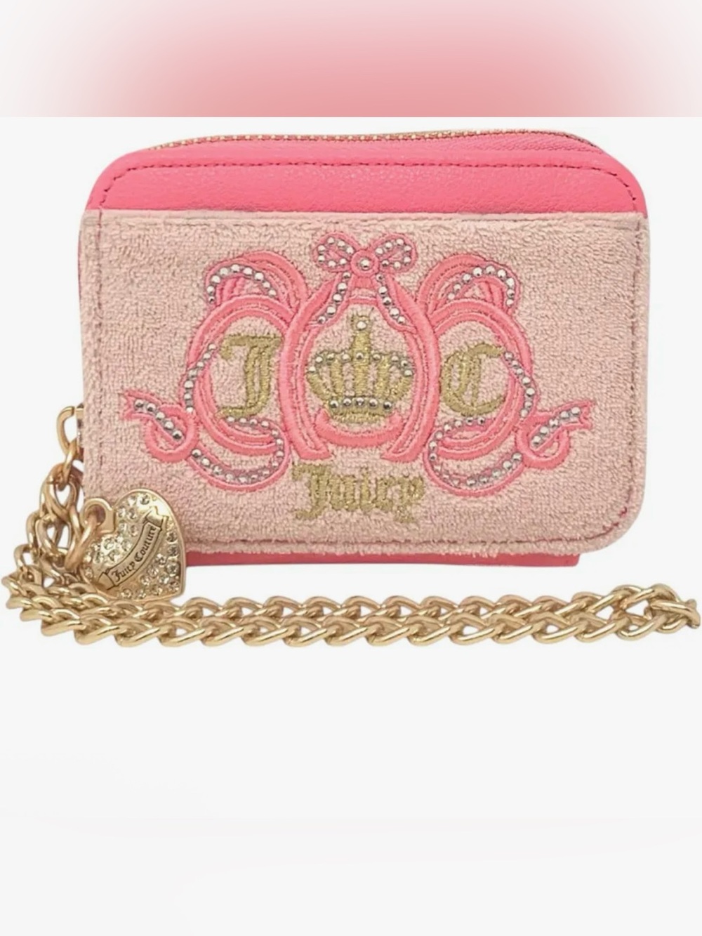 Juicy Couture Pink Wristlet Card Case with Gold Heart Charm and Chain